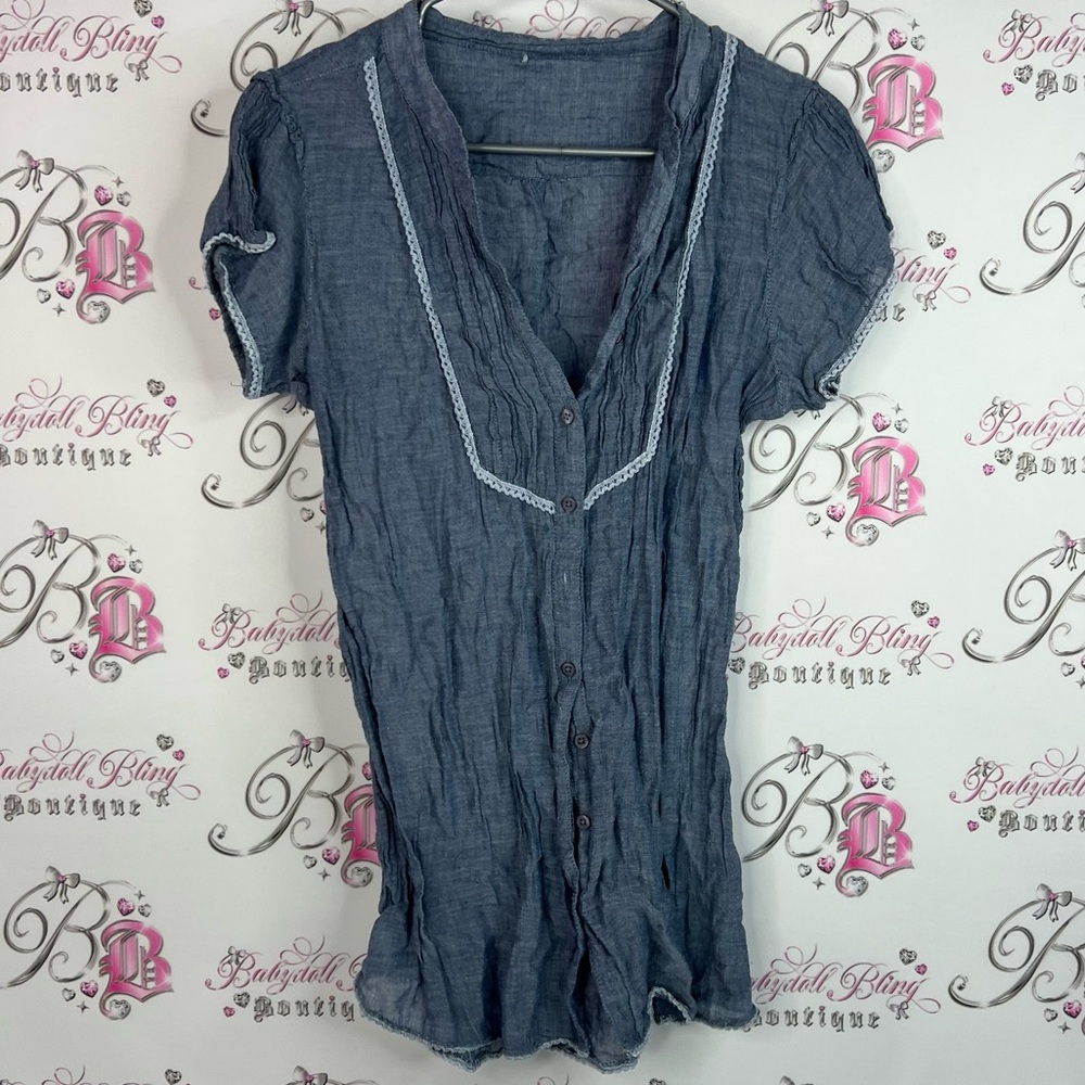 Tshirt top button down crochet trim detail milkmaid Women's Blue Button-Up Top